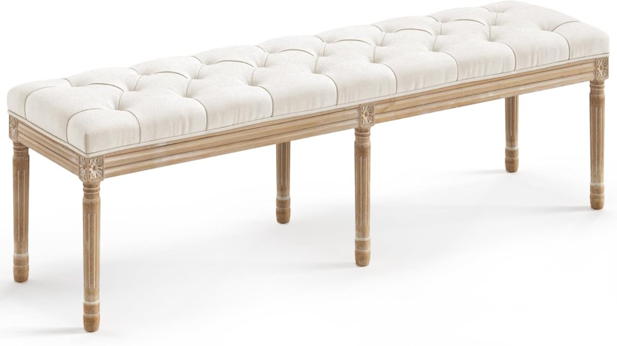 60" Fabric Tufted French Bench With Carved Legs