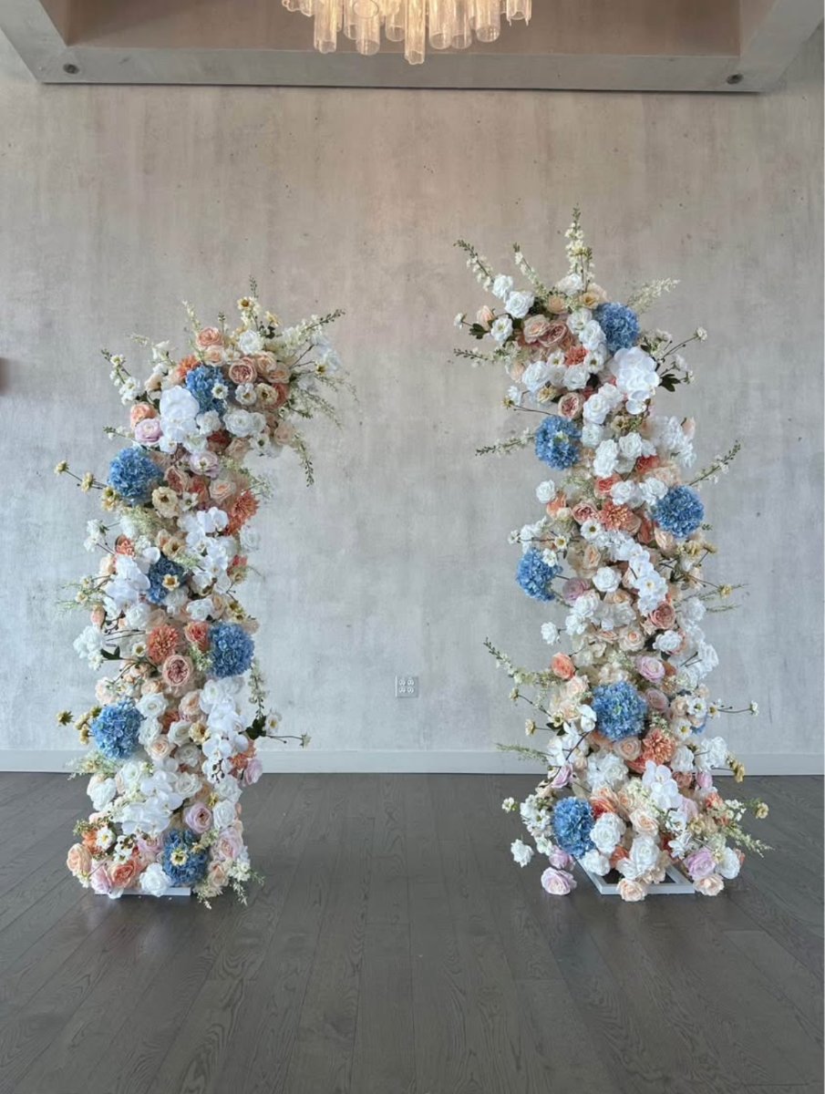 Blush, Ivory & Dusty Blue Garden Floral Arch Pillar Set Rental