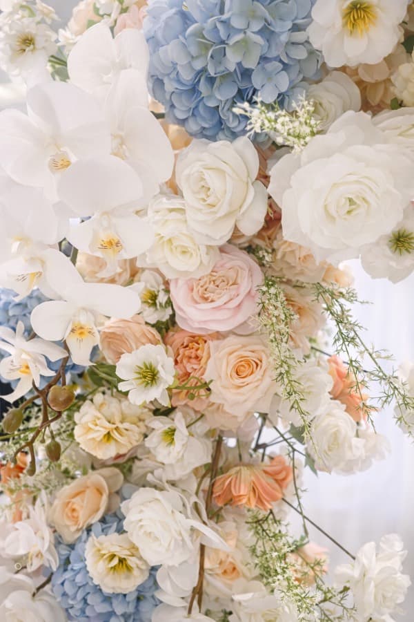 blush-peach-ivory-dusty-blue-garden-floral-wedding-arch-pillar-set-rental-chicago