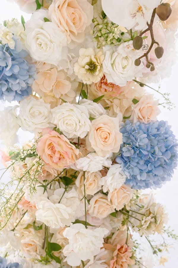 blush-peach-ivory-dusty-blue-garden-floral-wedding-arch-pillar-set-rental-chicago