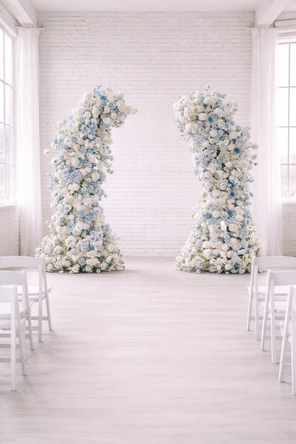 elegant-dusty-blue-white-floral-wedding-arch-pillar-rental-chicago