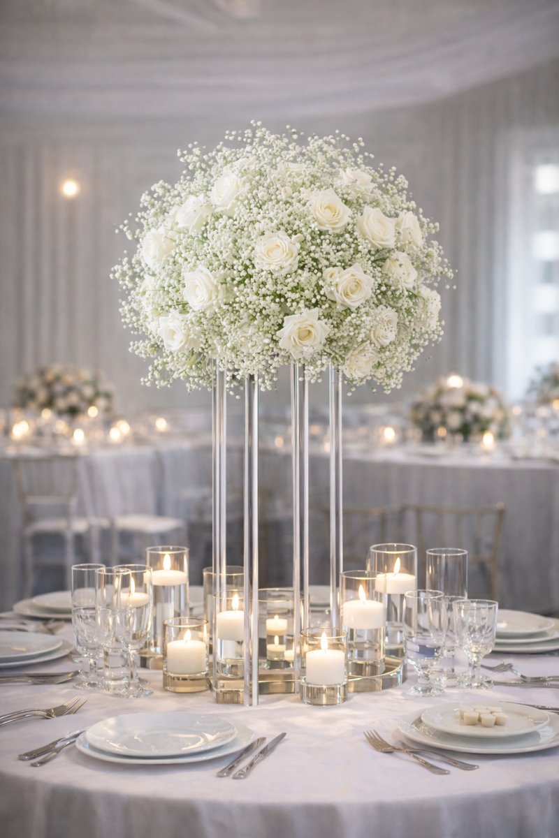 Luxury Baby’s Breath & White Rose Centerpiece