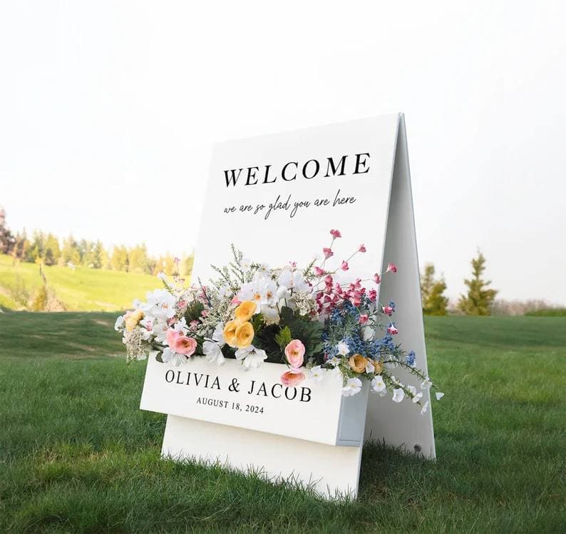 luxury-welcome-sign-rental- with-floral-box-display-elegant-a-frame-entrance-sign-for-weddings-events