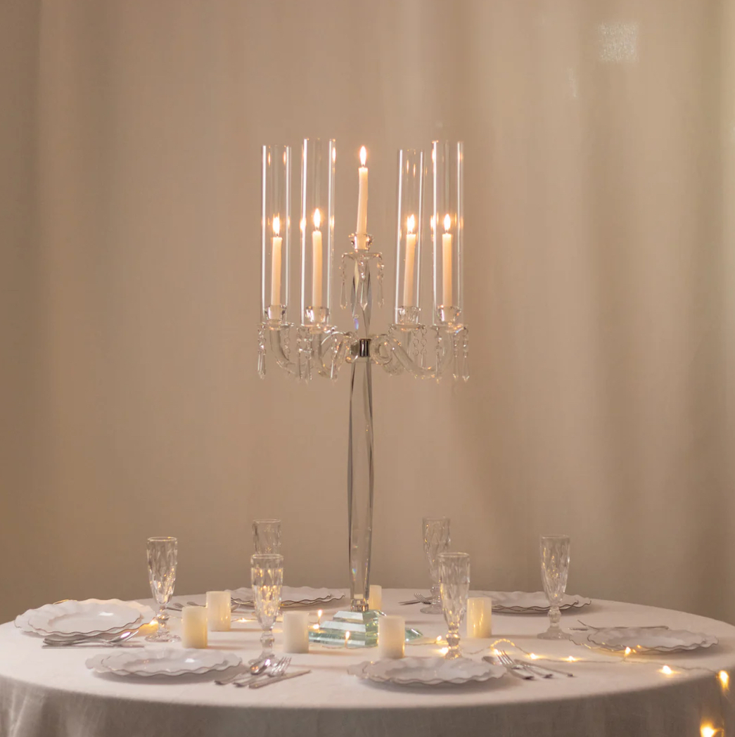Crystal 4-Arm Candelabra Taper Candle Holder with Hurricane Glass Shades