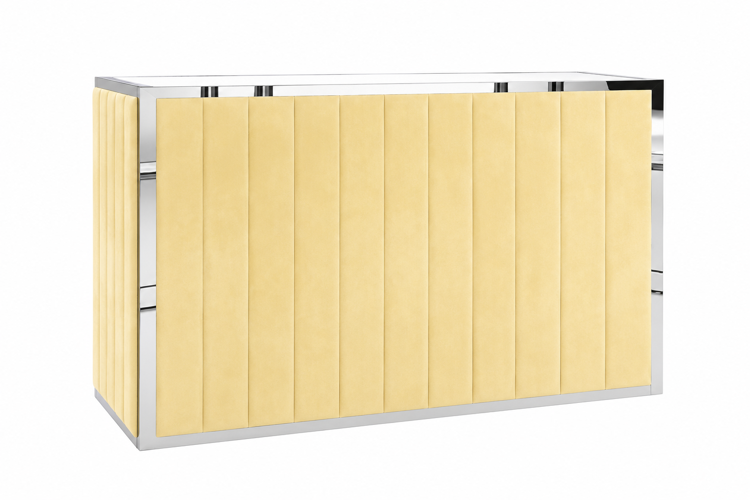 Champagne velvet portable bar rental Chicago — butter yellow channel-tufted velvet with silver chrome frame