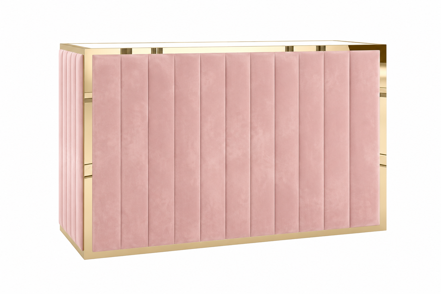 Pink velvet portable bar rental Chicago — blush channel-tufted velvet with gold frame