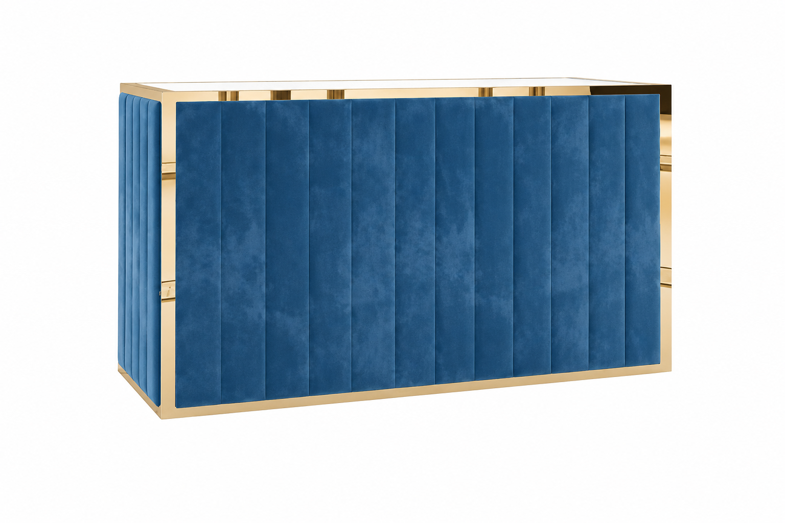 Navy velvet portable bar rental Chicago — navy channel-tufted velvet with gold frame