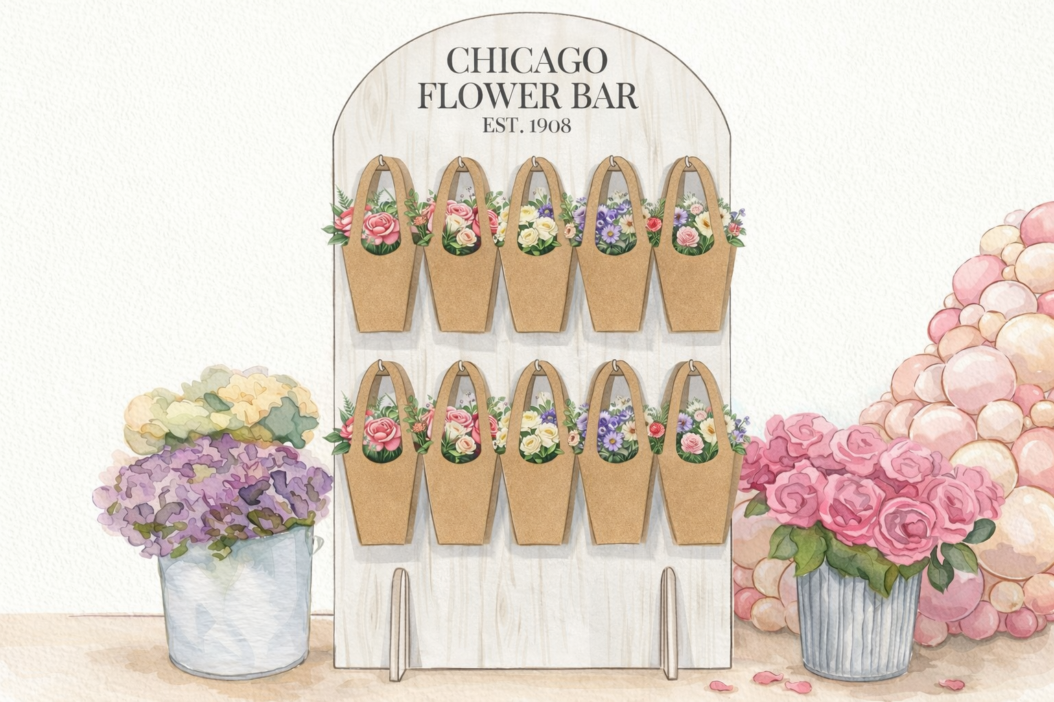 Flower bag display wall bloom bar rental Chicago baby shower