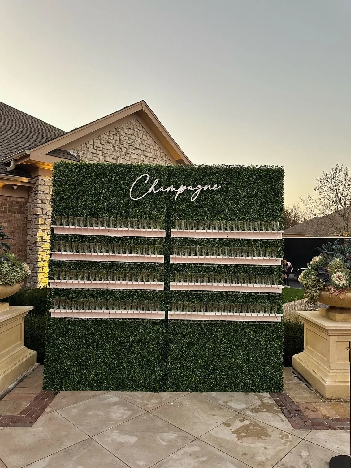 Boxwood champagne wall rental Chicago — green living hedge wall with prosecco glasses for wedding