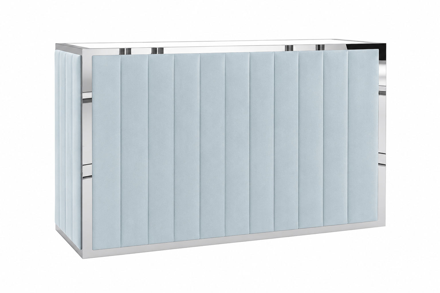 Dusty blue velvet portable bar rental Chicago — light blue channel-tufted velvet with silver chrome frame