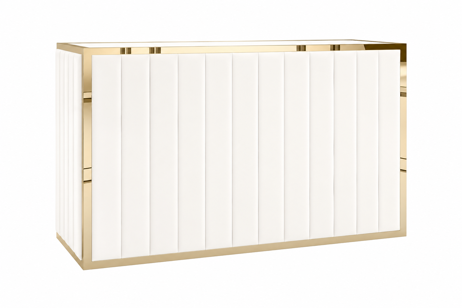 White velvet portable bar rental Chicago — ivory channel-tufted velvet with gold frame