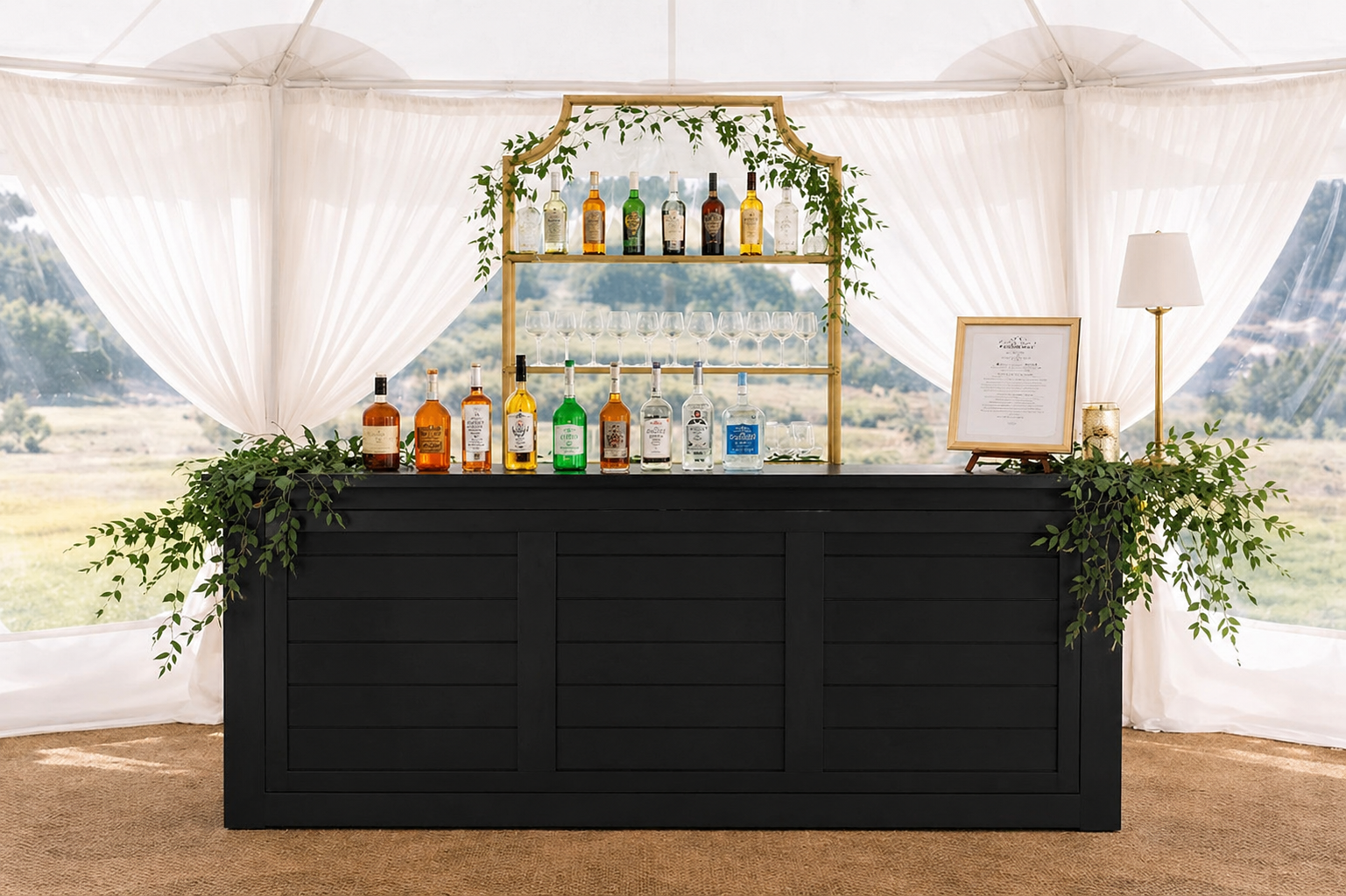 Black portable bar rental Chicago — matte black straight bar for corporate event and upscale party