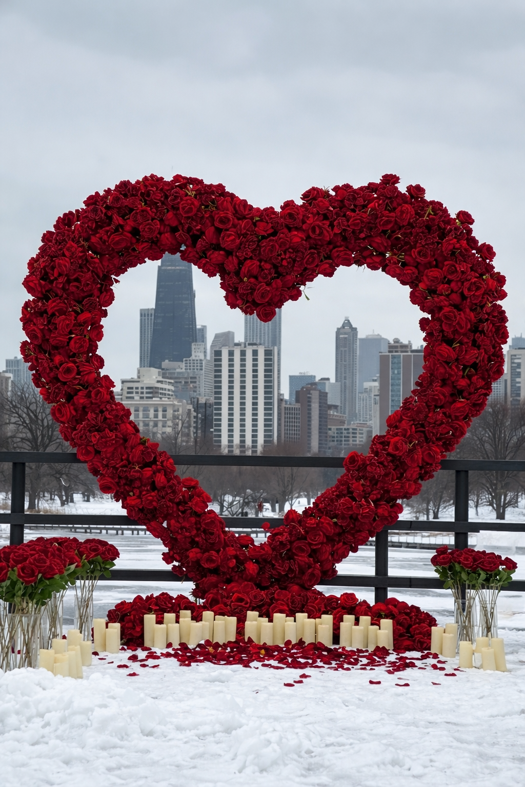 Chicago proposal package — luxury proposal setup with red rose heart arch and rose petal scatter