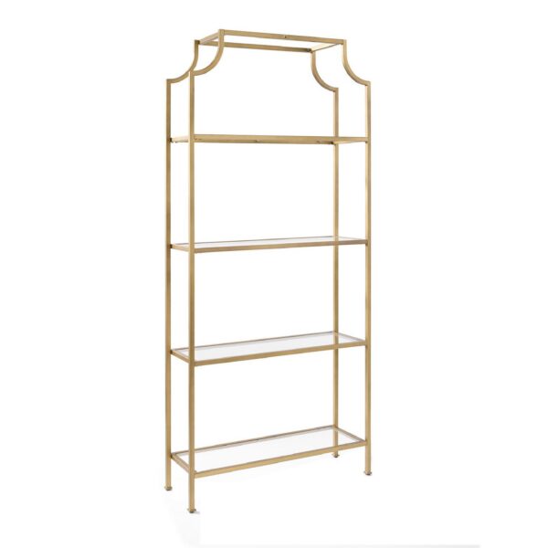 Gold back bar shelf rental Chicago — gold metal frame with glass shelves for elegant event bar display