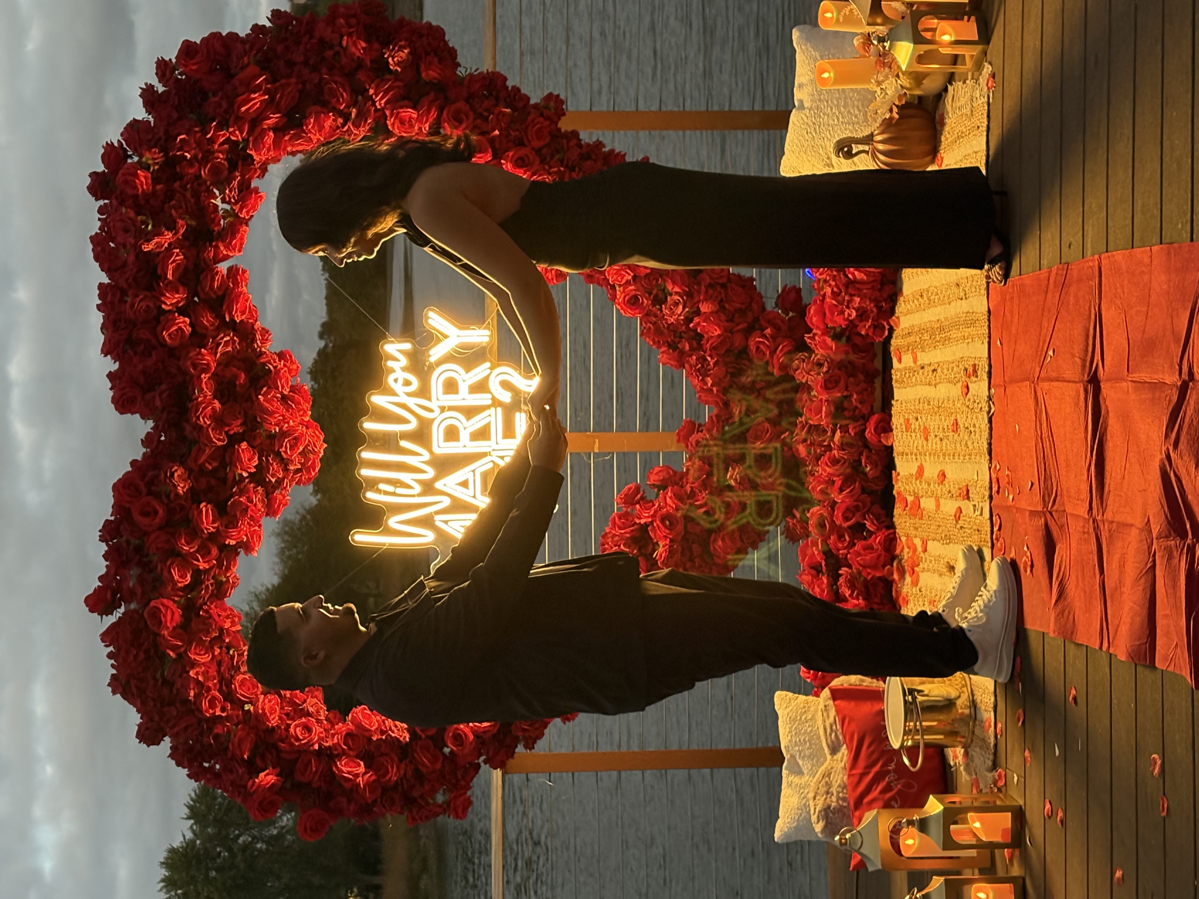 Chicago luxury proposal — outdoor proposal setup with marquee letters and floral decor near Chicago