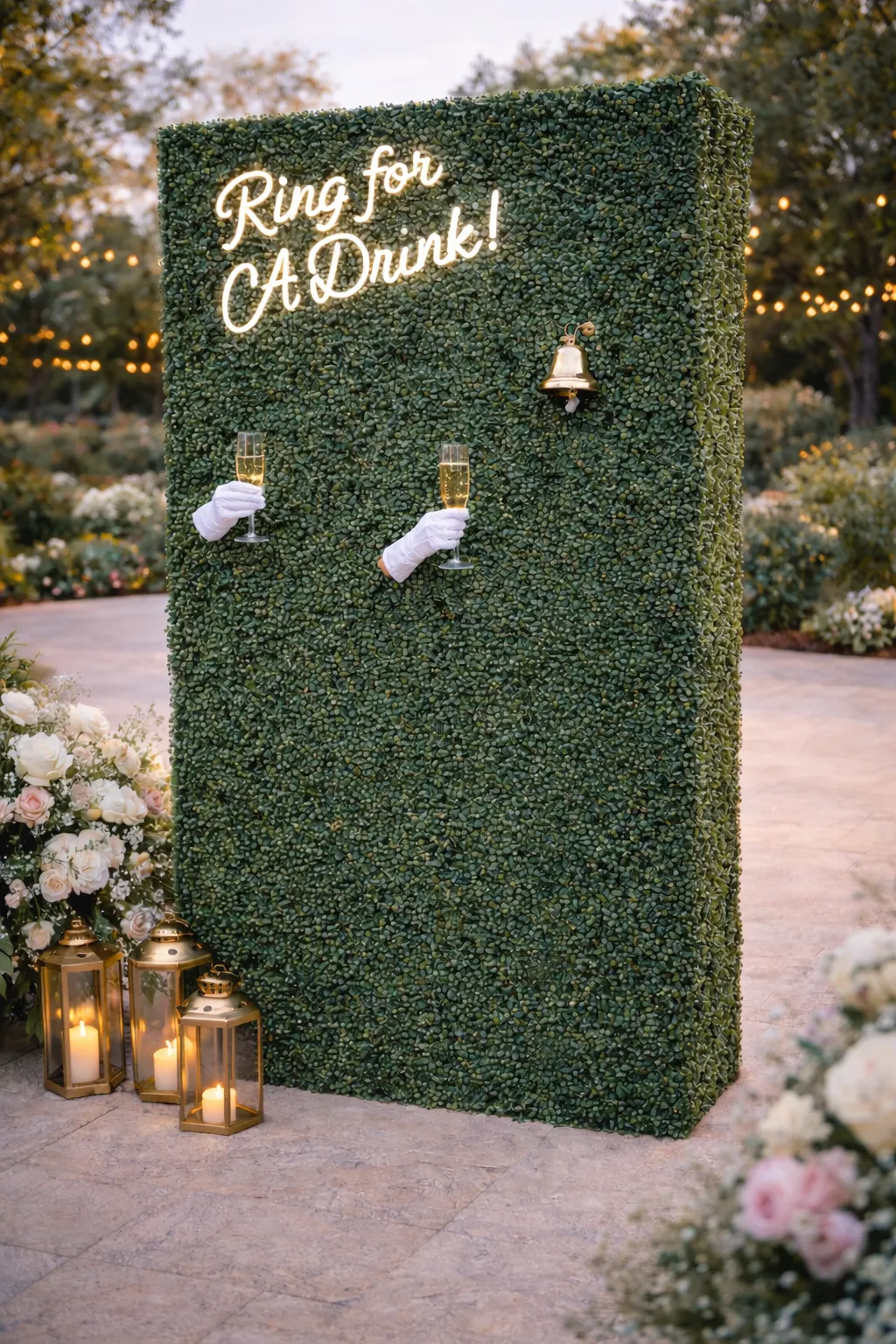 Living hedge champagne wall rental in Chicago with Ring for A Drink neon sign and gloved attendant