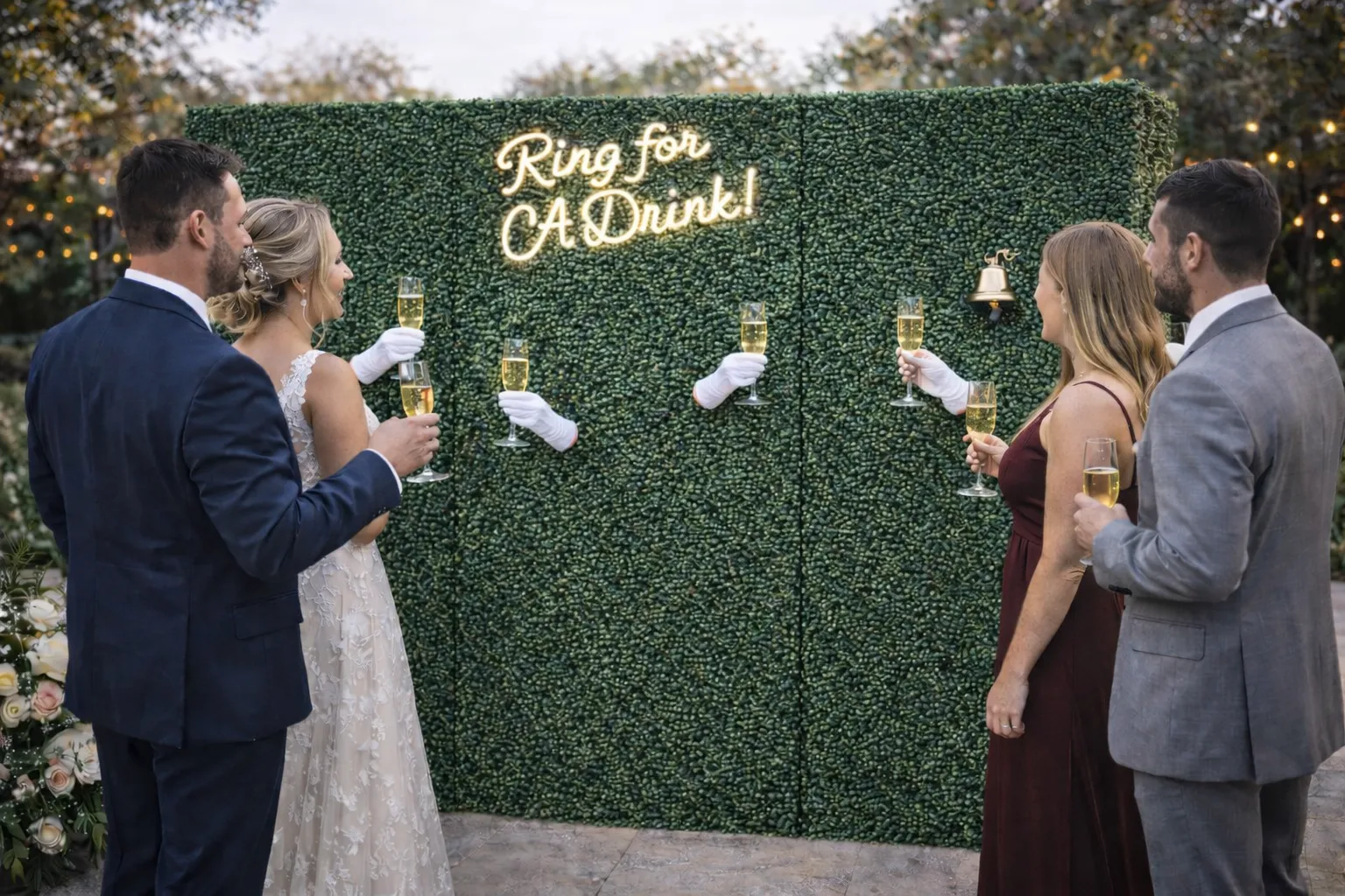 Living champagne wall rental in Chicago with wedding guests receiving champagne from gloved attendants