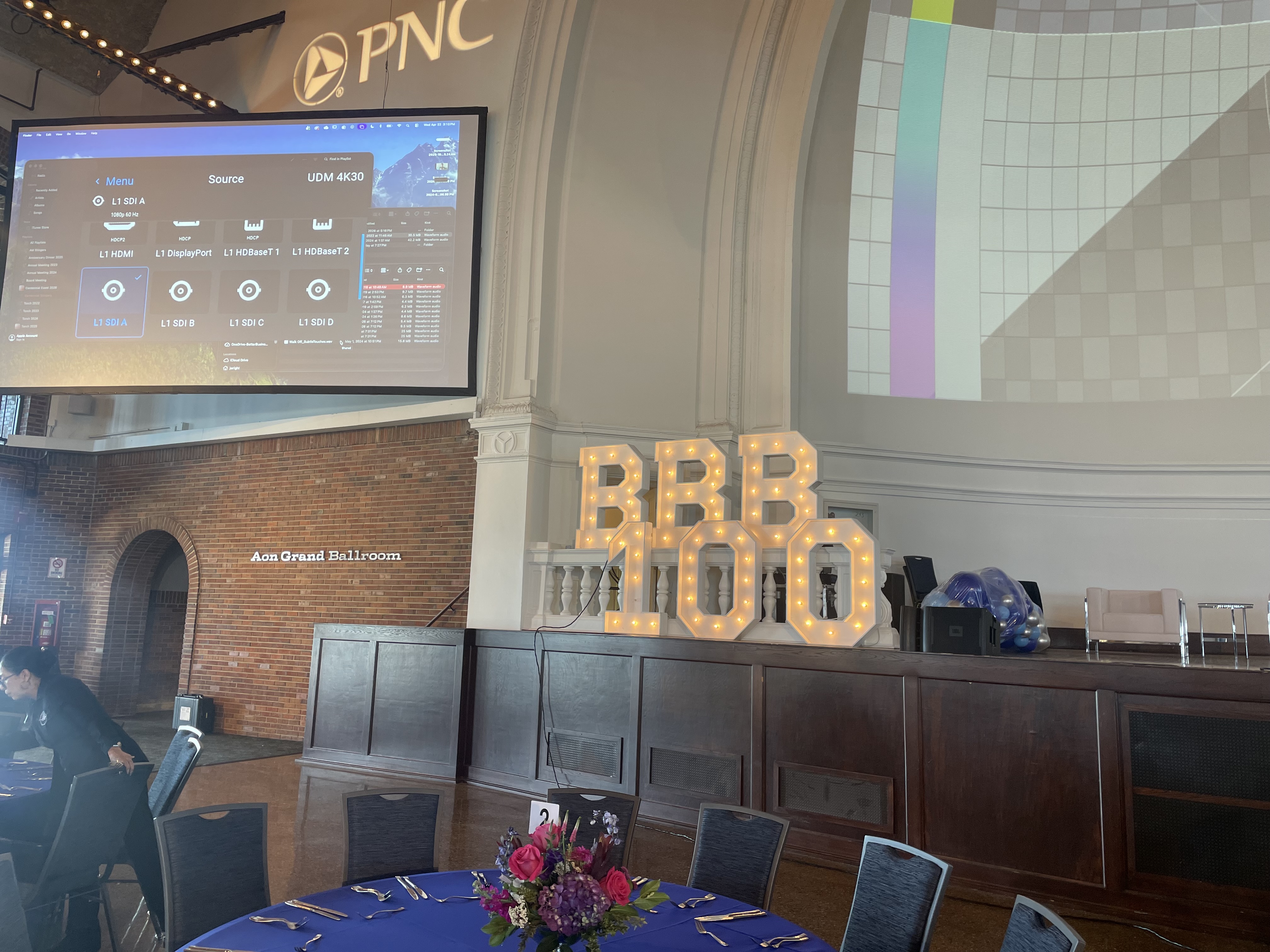 BBB 100 light-up marquee letters and numbers rental at Navy Pier Aon Grand Ballroom Chicago — corporate anniversary event
