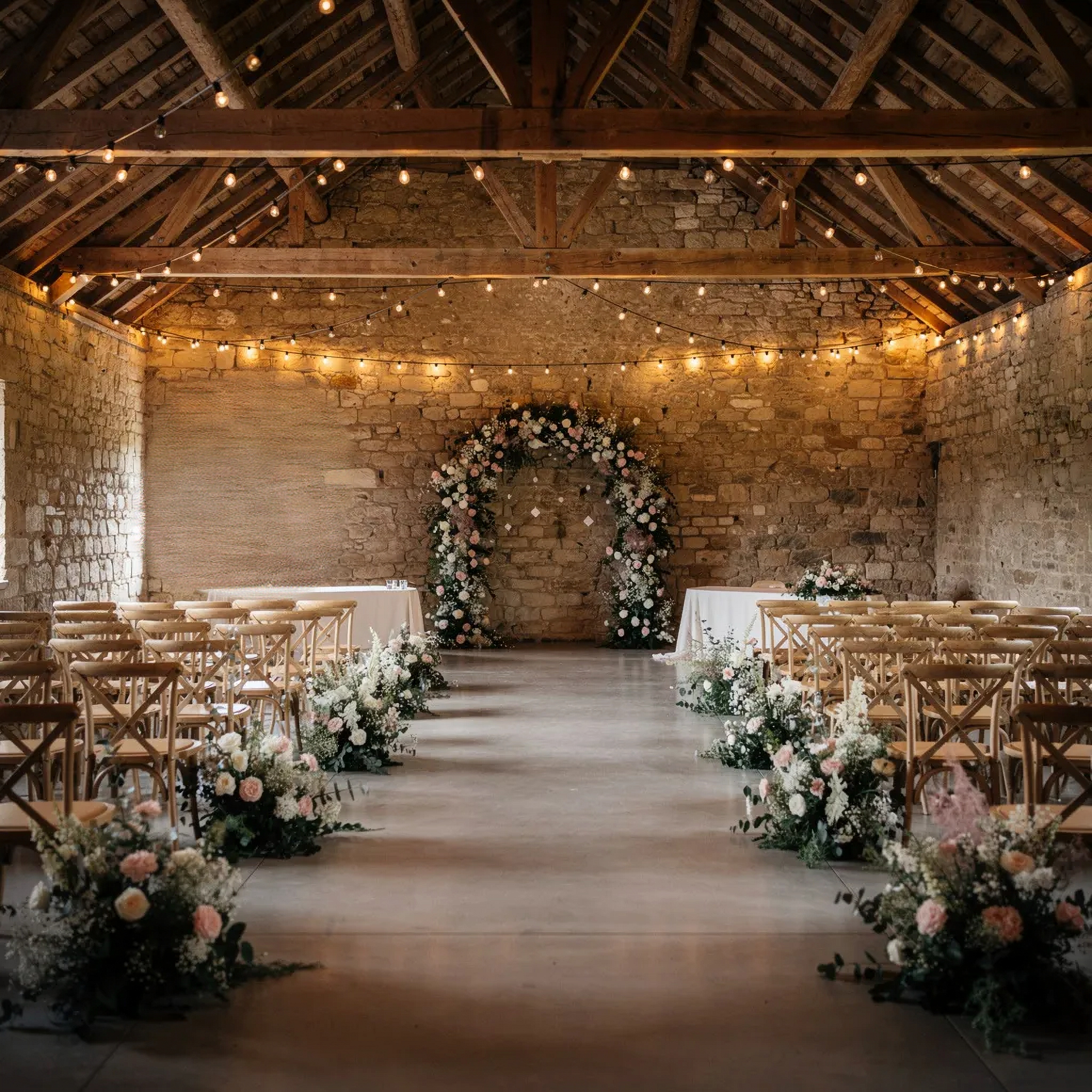 Wedding ceremony aisle with blush rose ground arrangements matching circular flower arch in rustic barn — Chicago