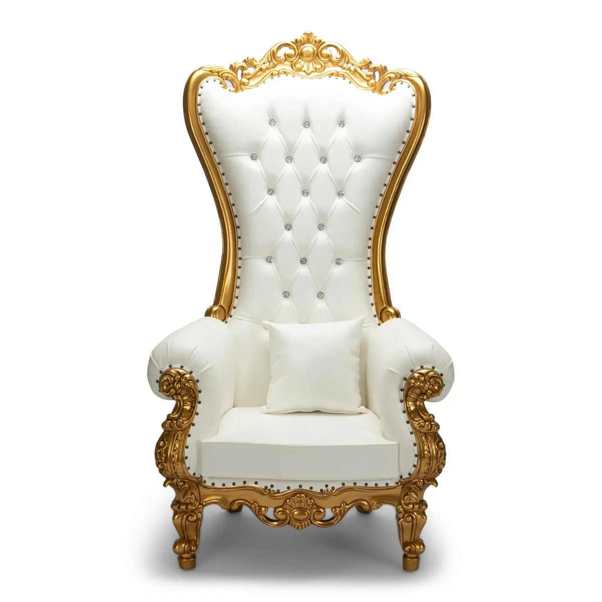 Throne chair rental Cicero IL — white and gold ornate throne for quinceañera birthday queen