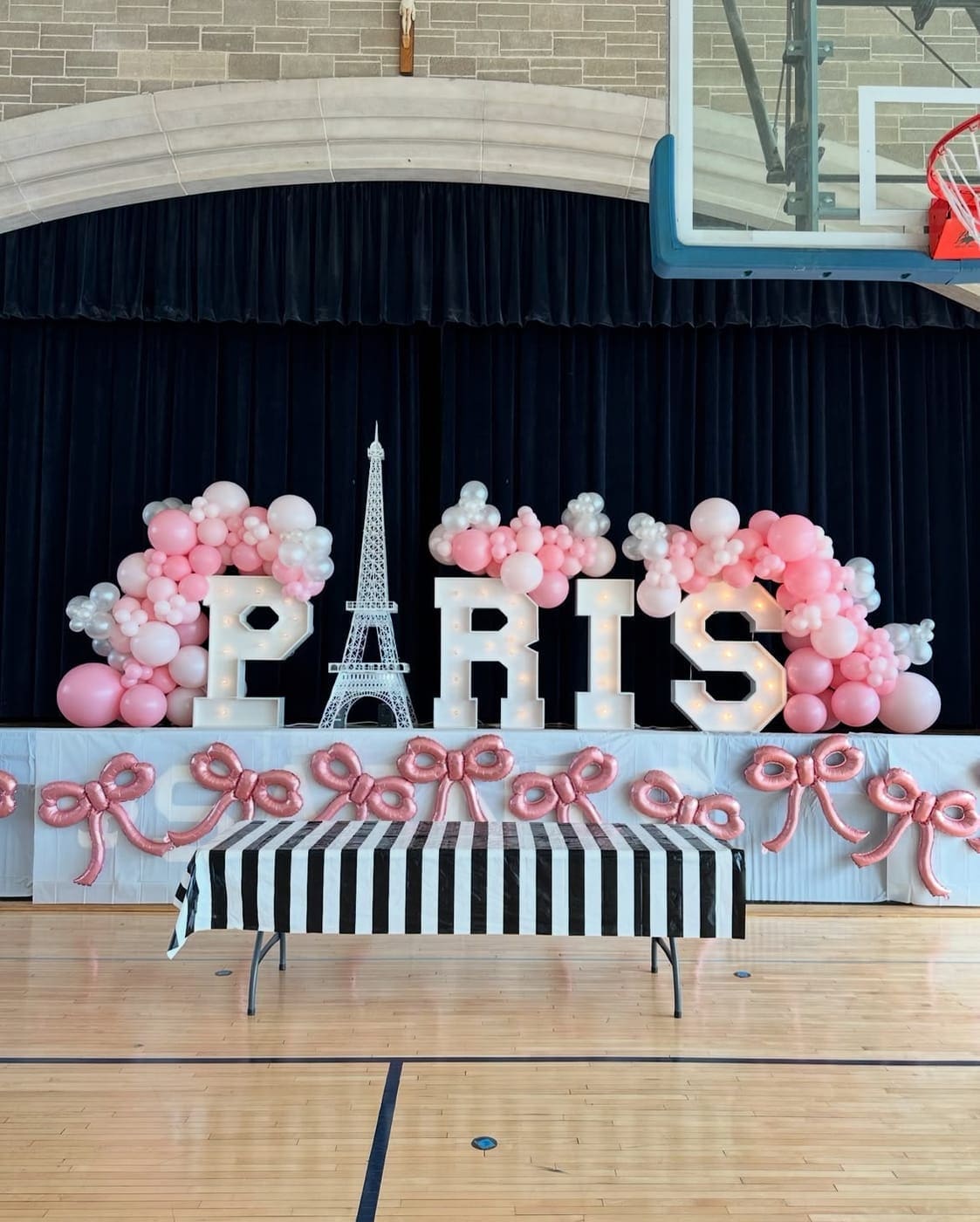 Balloon garland Chicago IL Paris themed birthday party marquee letters