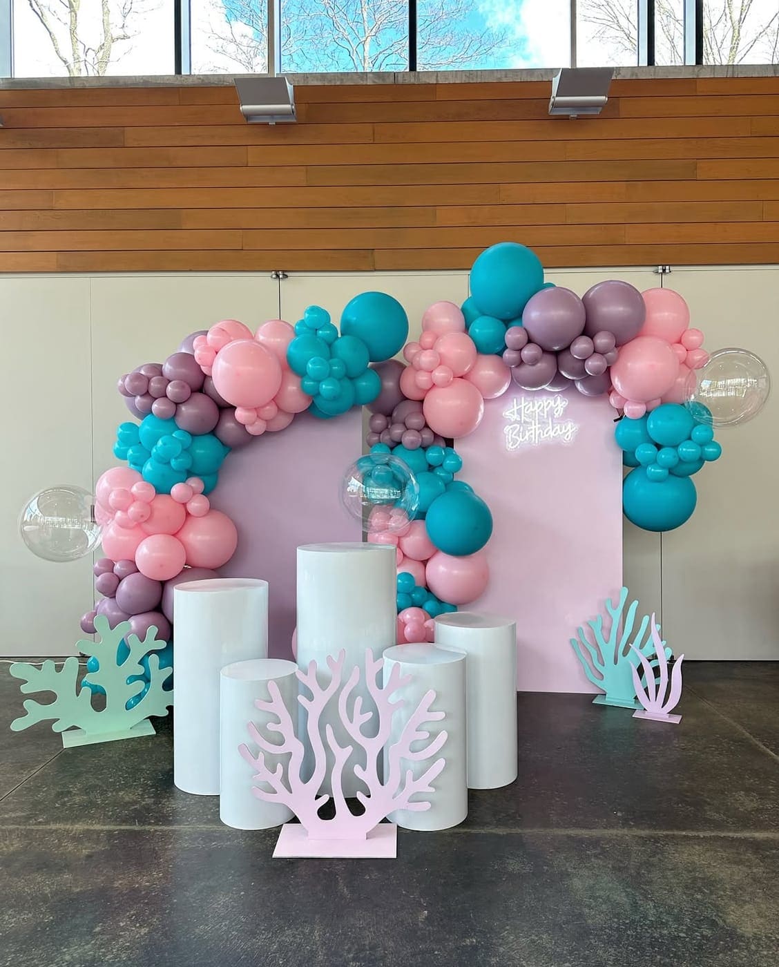 Balloon arch backdrop rental Chicago IL birthday party pink teal purple