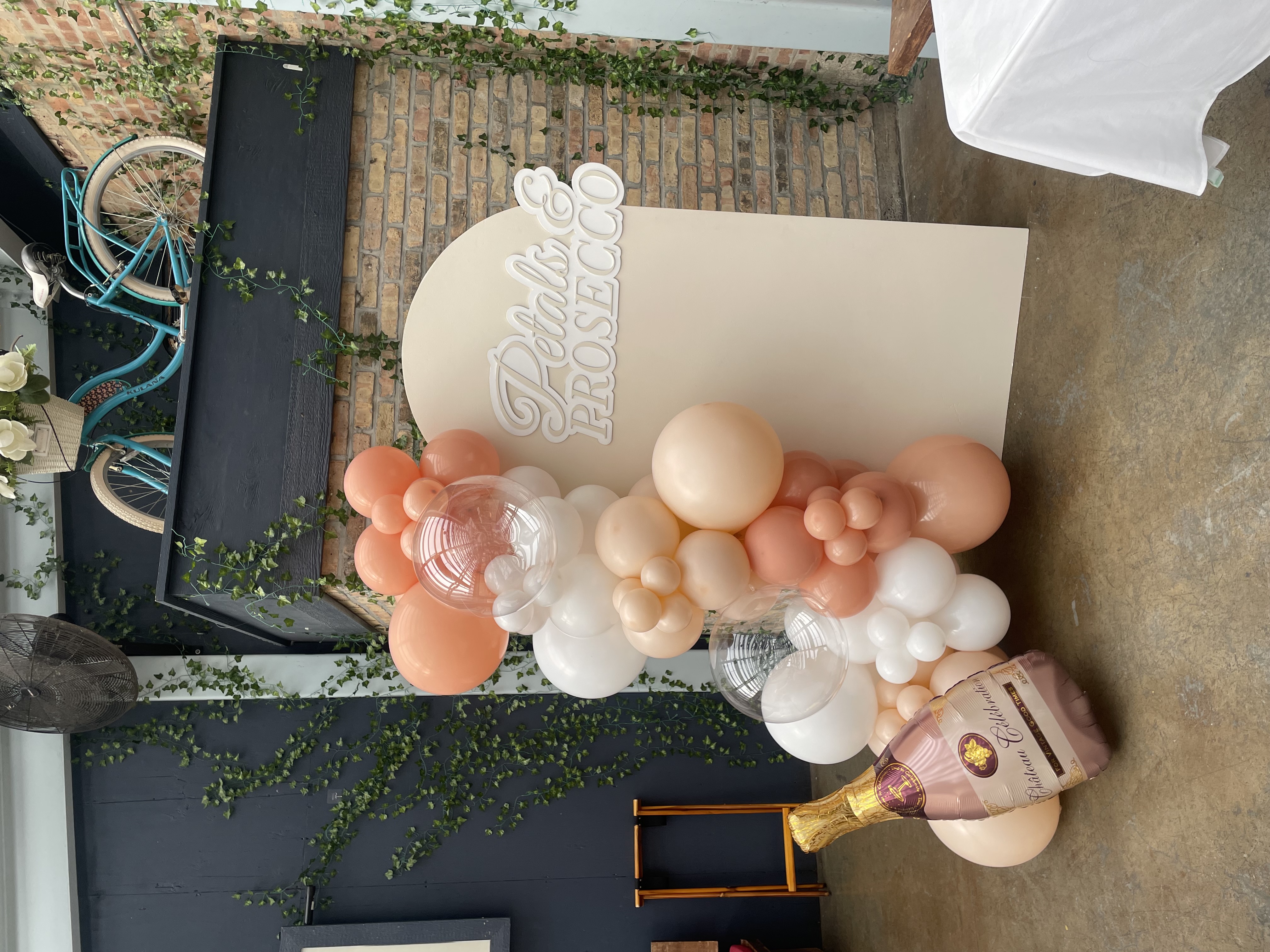 Petals and Prosecco bridal shower backdrop with balloon garland arch at Zia's Sofial Park Ridge IL
