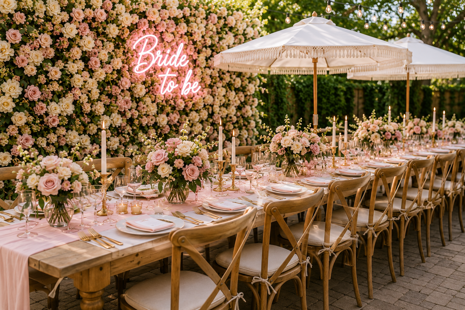 Bridal shower rentals Chicago — farmhouse tables, crossback chairs, umbrellas and Bride to Be flower wall backdrop