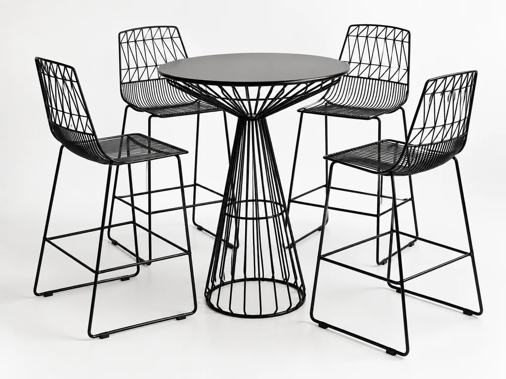 Black wire-frame cocktail table with four matching black bar-height stools