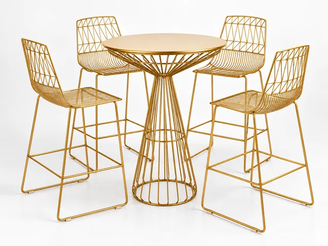 Gold wire-frame cocktail table with matching stools, studio product photo