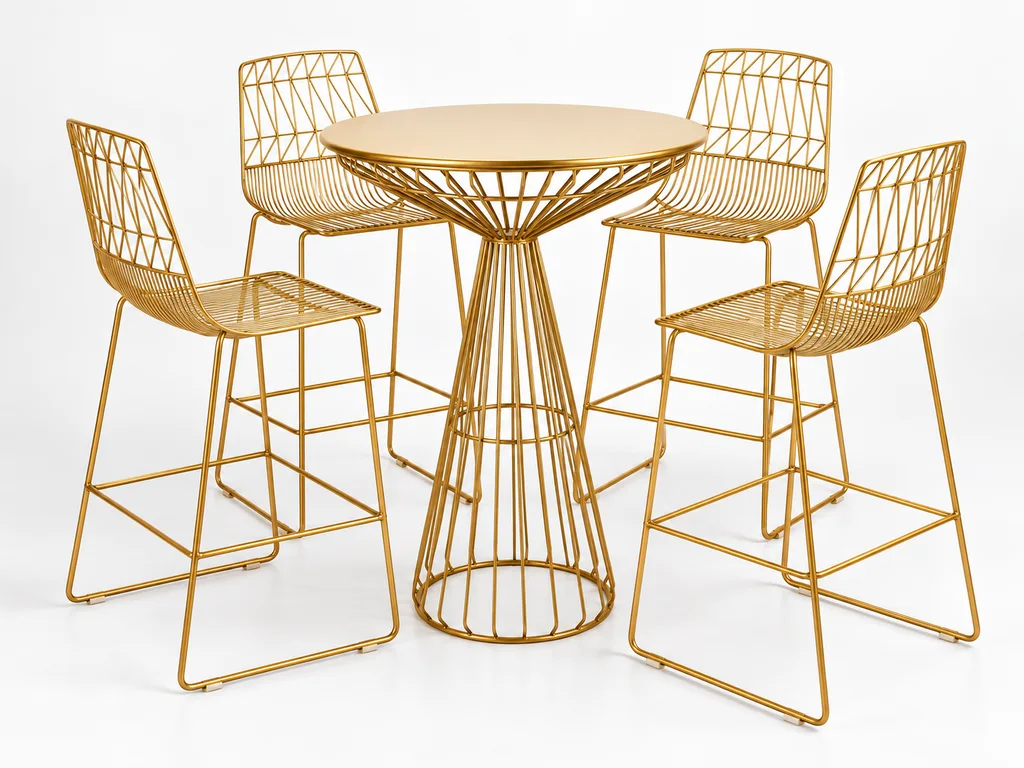 Gold wire-frame cocktail table with four matching gold bar-height stools
