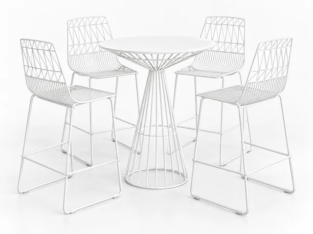 White wire-frame cocktail table with matching stools, studio product photo