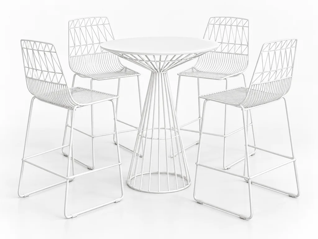 White wire-frame cocktail table with four matching white bar-height stools