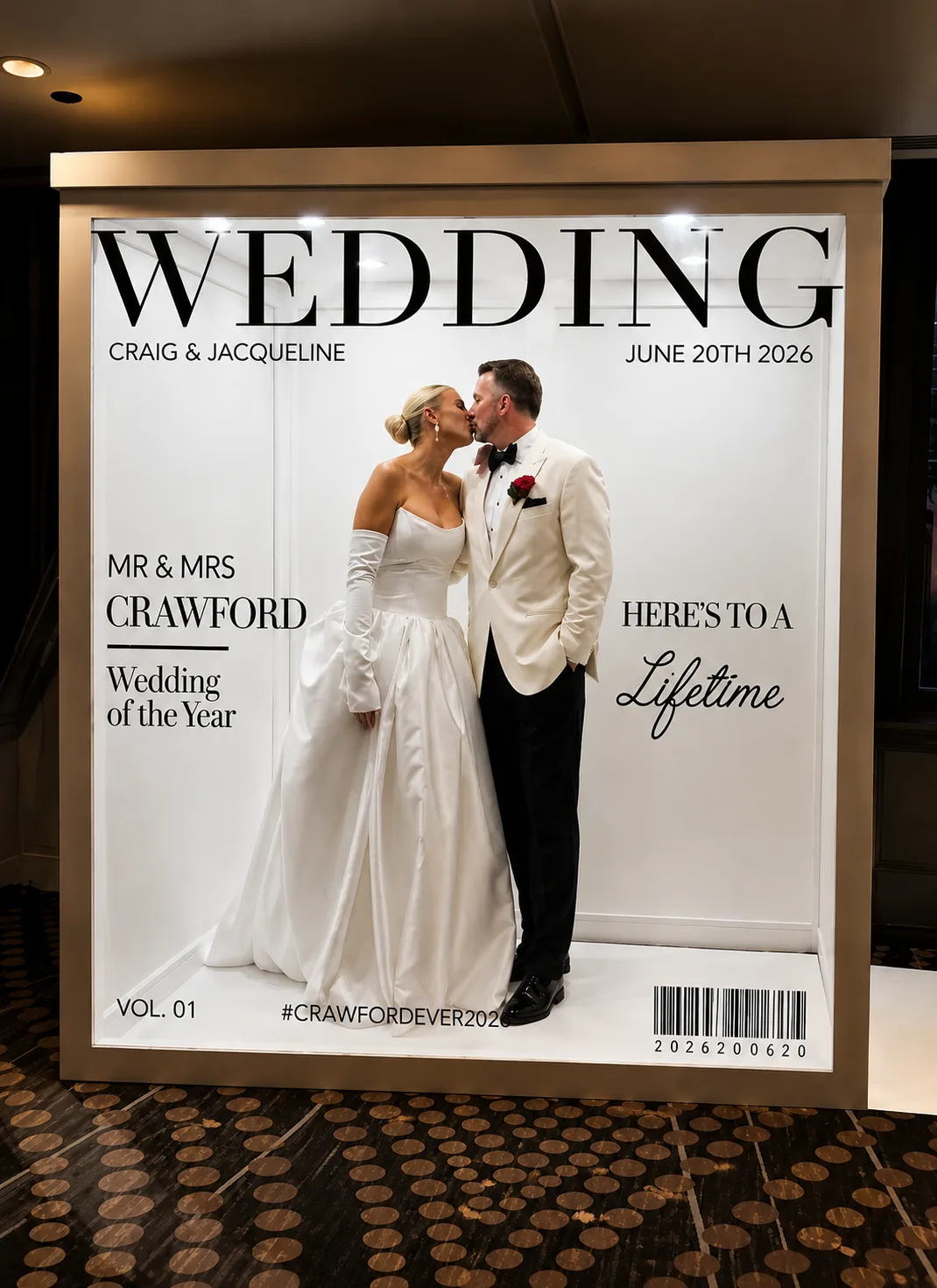 Bride and groom posing inside a Chicago Flower Wall magazine photo booth with a custom wedding cover — rental inspiration for Tinley Park