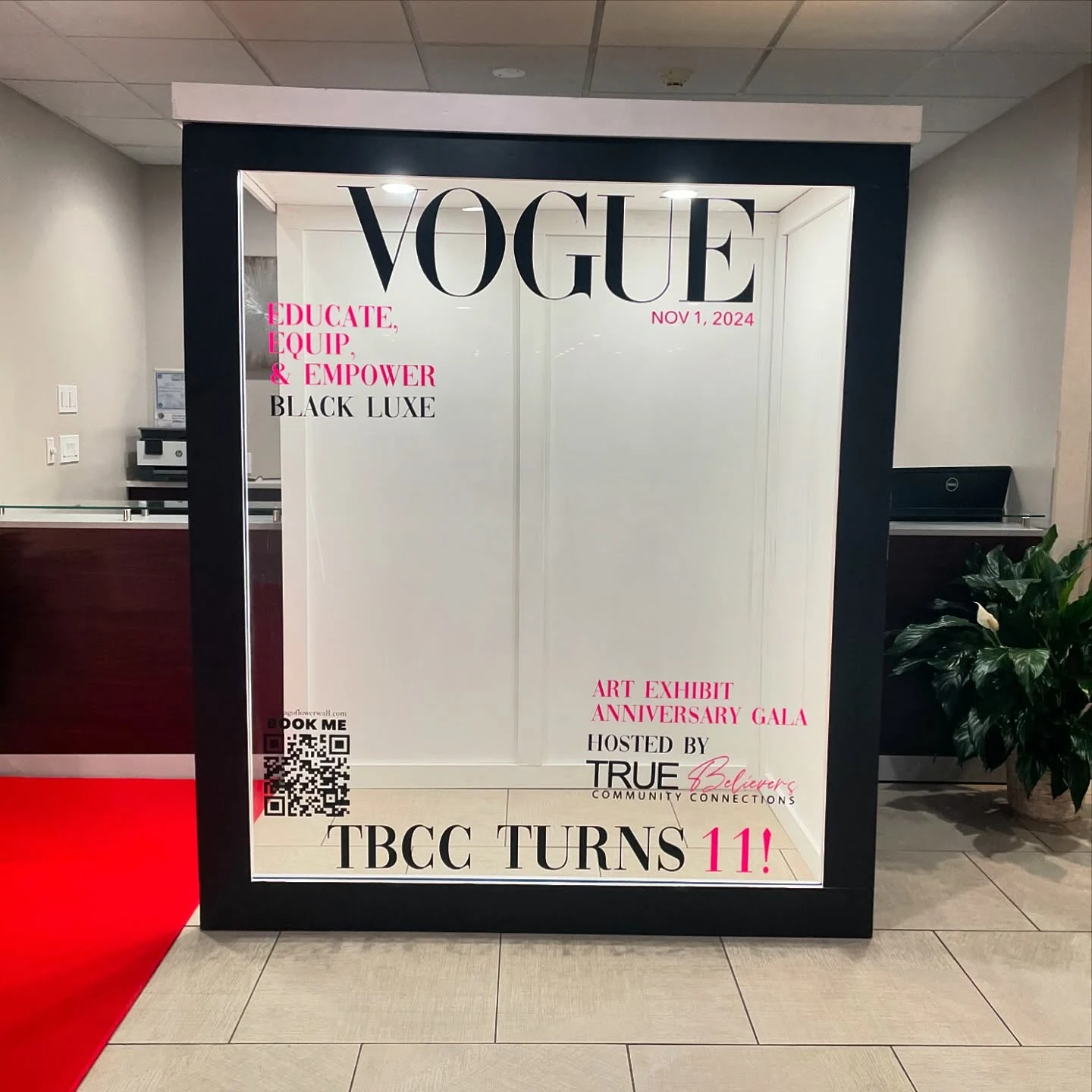 Magazine photo booth rental in Chicago — Vogue-inspired magazine cover photo booth with a custom TBCC Turns 11 anniversary gala cover beside a red carpet