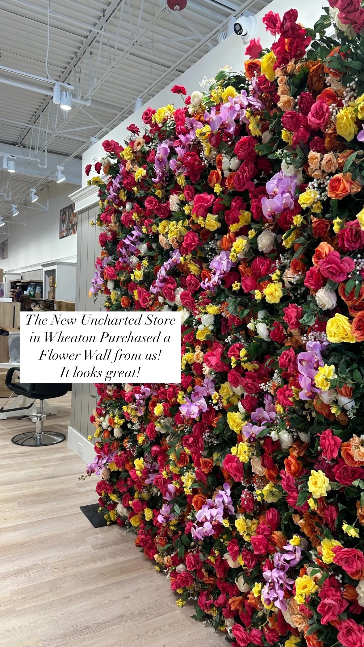 Flower wall rental in Wheaton — multicolor rose and orchid flower wall installed at the Uncharted store in Danada Square Wheaton