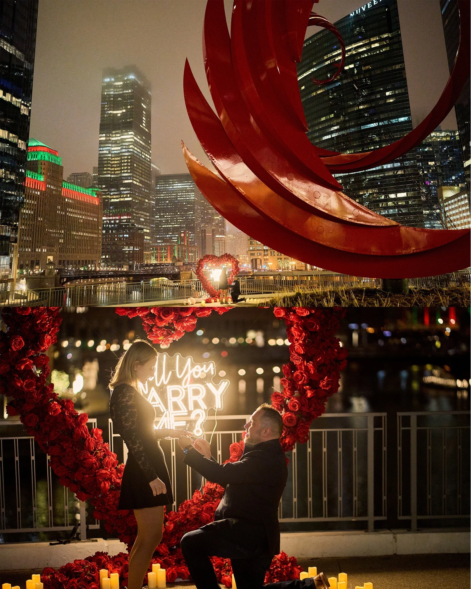 Red rose heart arch rental in Chicago seen across River Point Park beside the red Constellation sculpture with the foggy downtown skyline behind