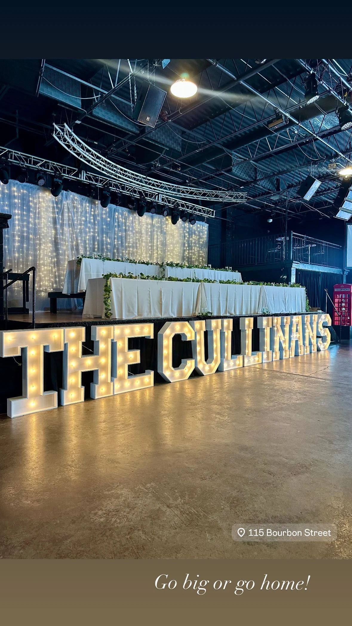 Marquee letter rental in Merrionette Park — giant illuminated letters spelling THE CULLINANS along the stage at 115 Bourbon Street for a wedding reception
