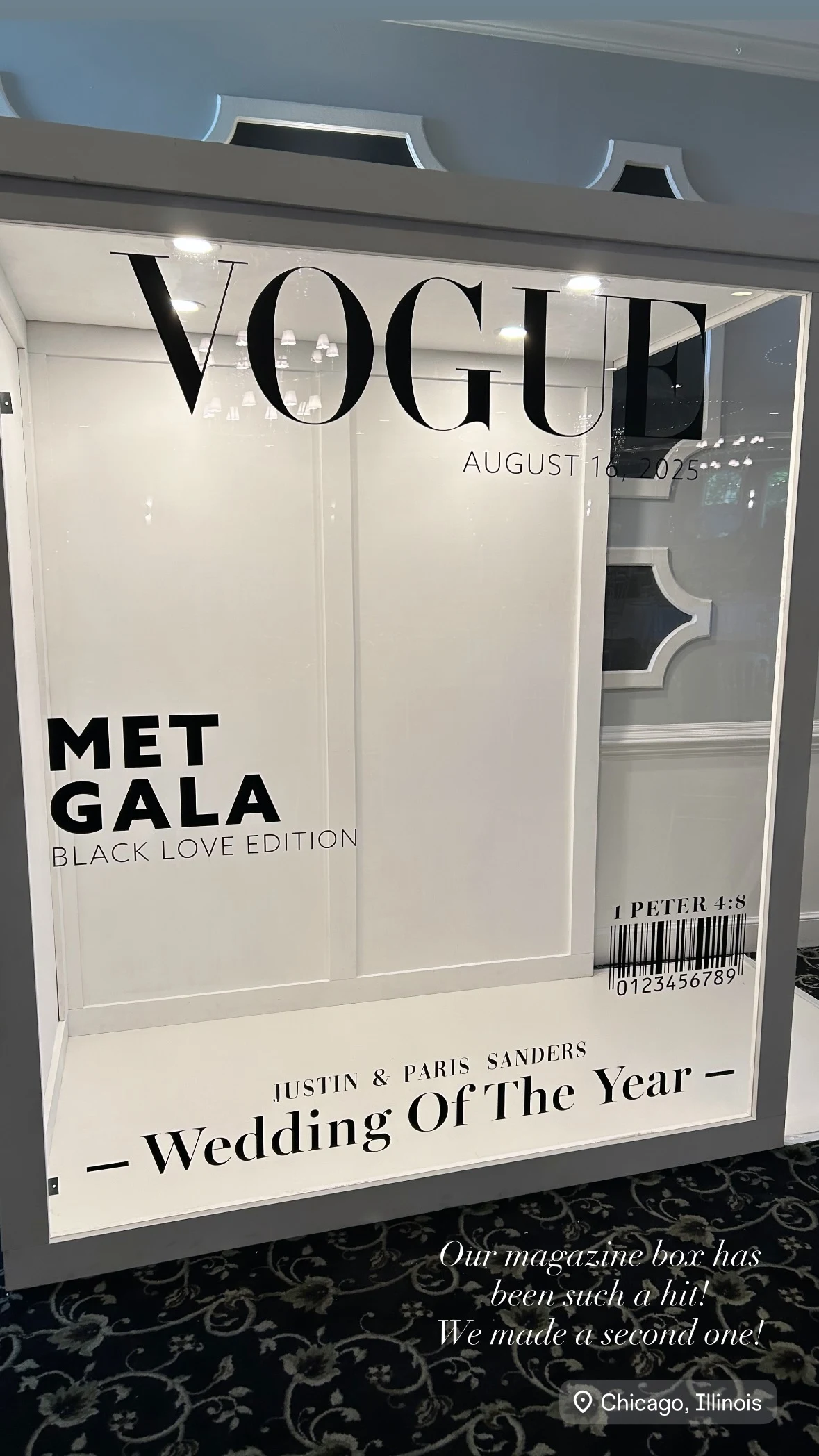 Magazine photo booth rental in Chicago — white magazine cover photo booth printed with a Met Gala wedding cover for an August 2025 Chicago wedding