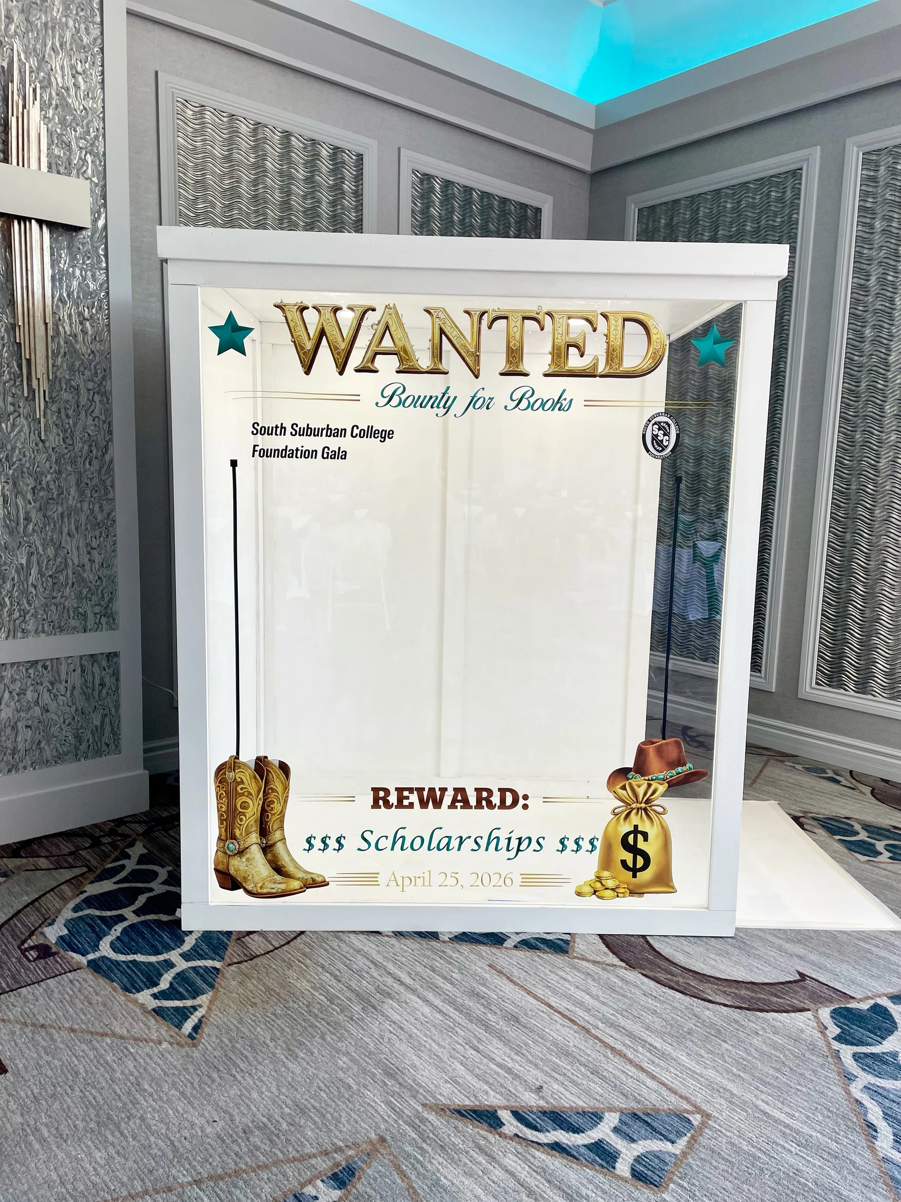 Magazine photo booth rental in Chicago with a Wanted Bounty for Books cover for the South Suburban College Foundation Gala scholarship fundraiser.