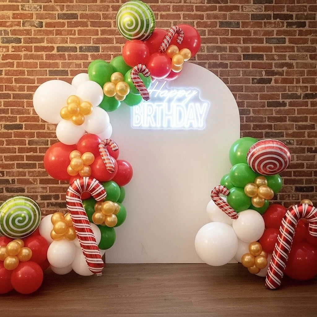 Christmas birthday backdrop rental in Bolingbrook — white arch panel with a glowing neon Happy Birthday sign and a red, green, white and gold balloon garland with candy cane and lollipop foil balloons against a brick wall