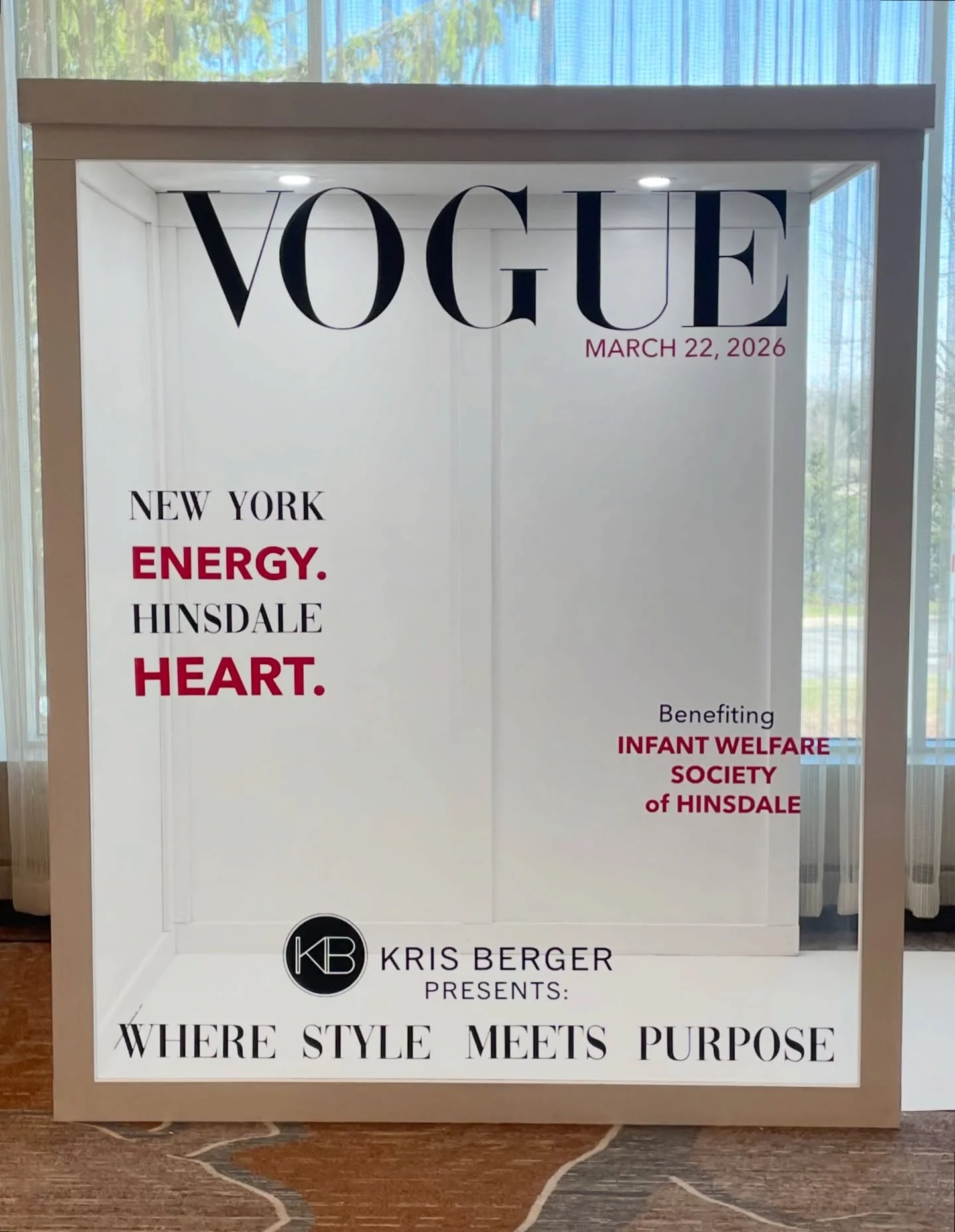 Magazine photo booth rental in Burr Ridge with a Vogue cover design reading Where Style Meets Purpose for a charity gala benefiting the Infant Welfare Society of Hinsdale.